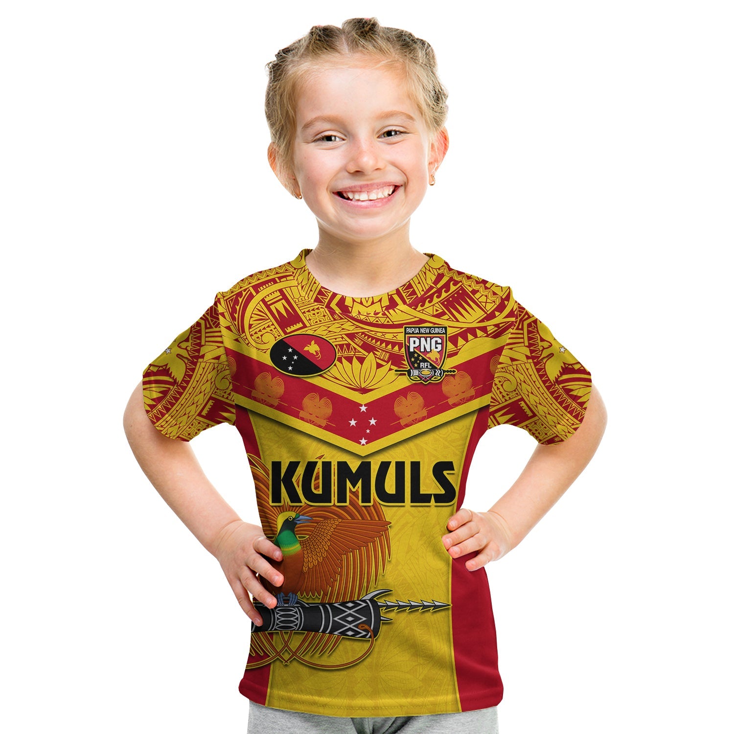 Papua New Guinea Rugby T Shirt KID PNG Kumuls Bird Of Paradise Yellow LT14 - Polynesian Pride