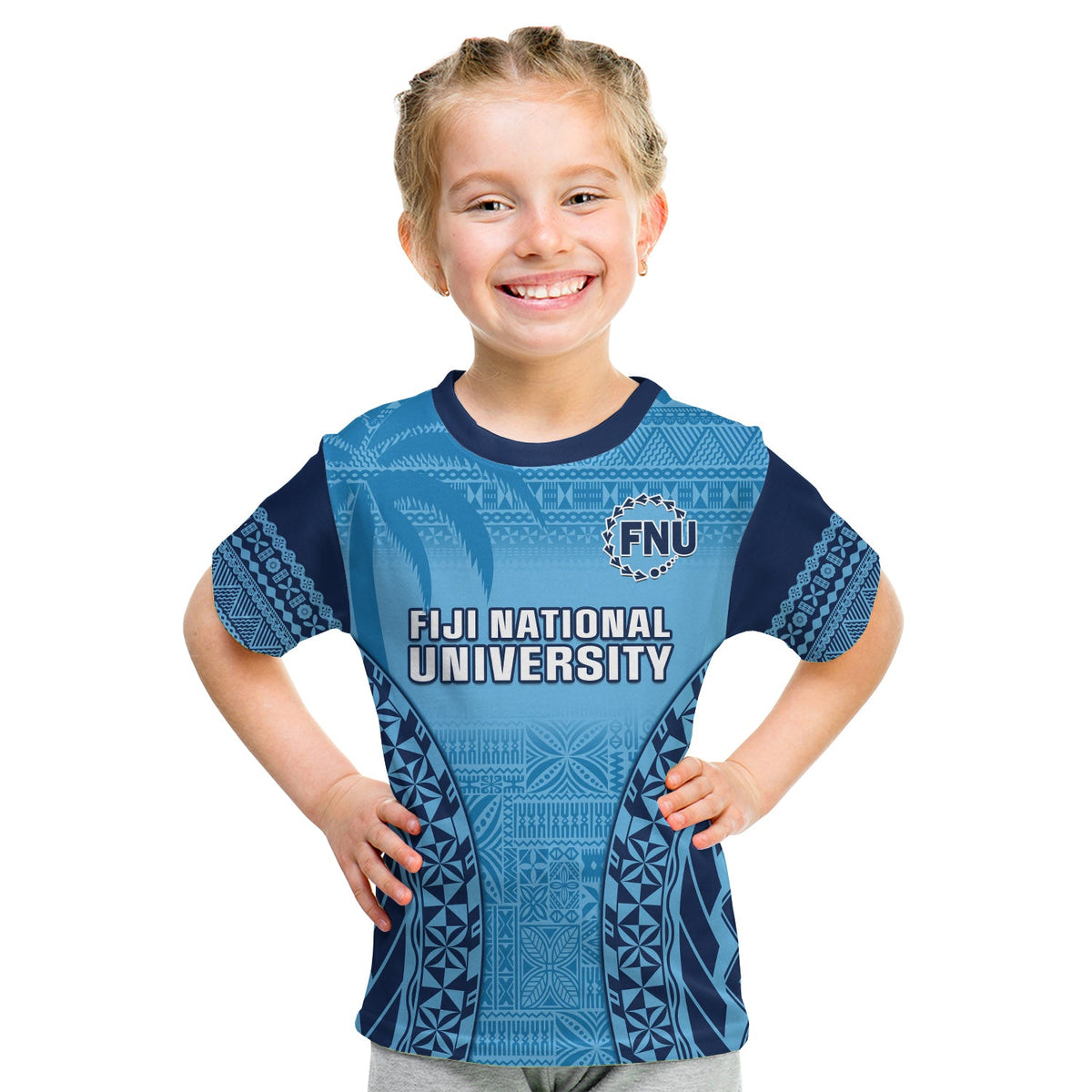(Custom Personalised) Fiji University T Shirt KID National Fijian Tapa Pattern Blue LT14 Youth XL Size14 - Polynesian Pride