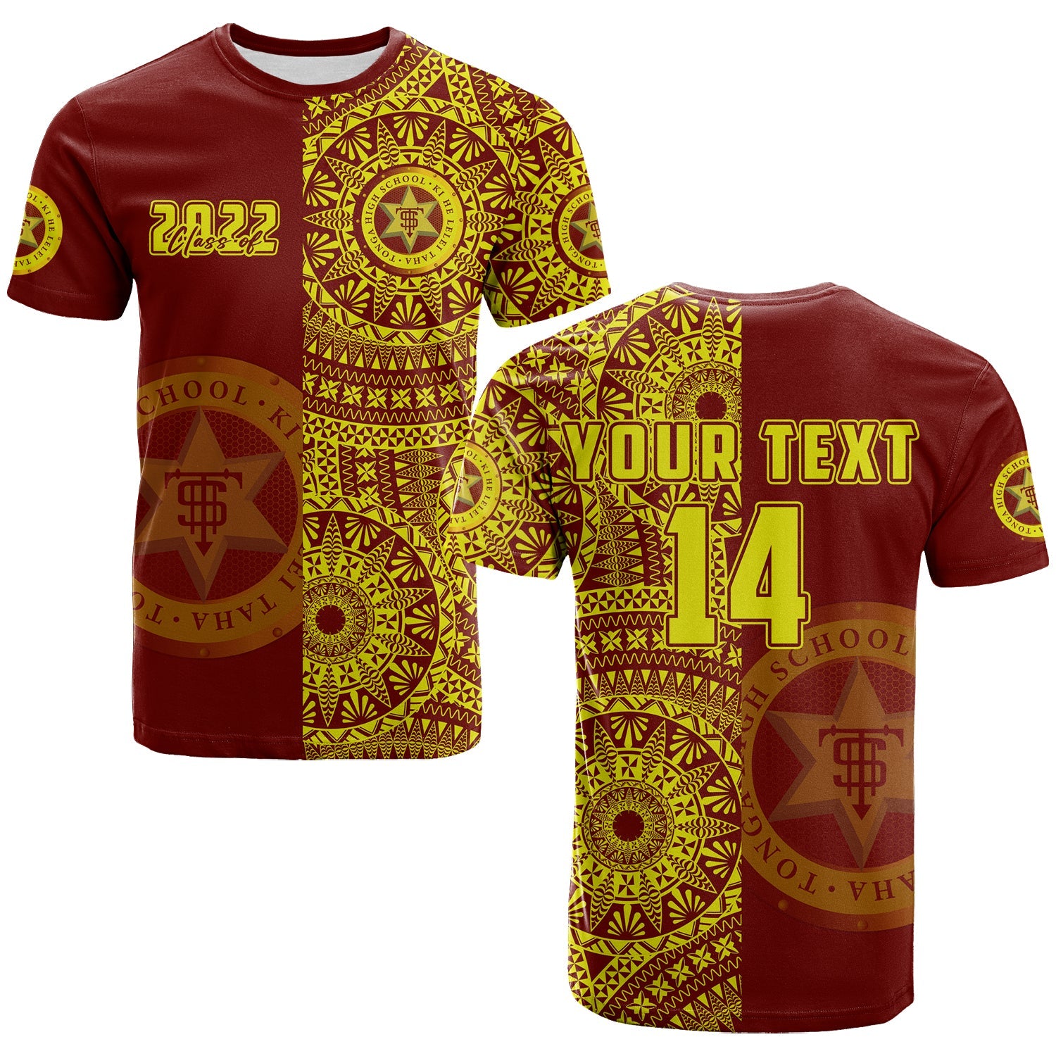 (Custom Text and Number) Tonga High School T Shirt Class of Year Tongan Ngatu Pattern LT14 Adult Red - Polynesian Pride