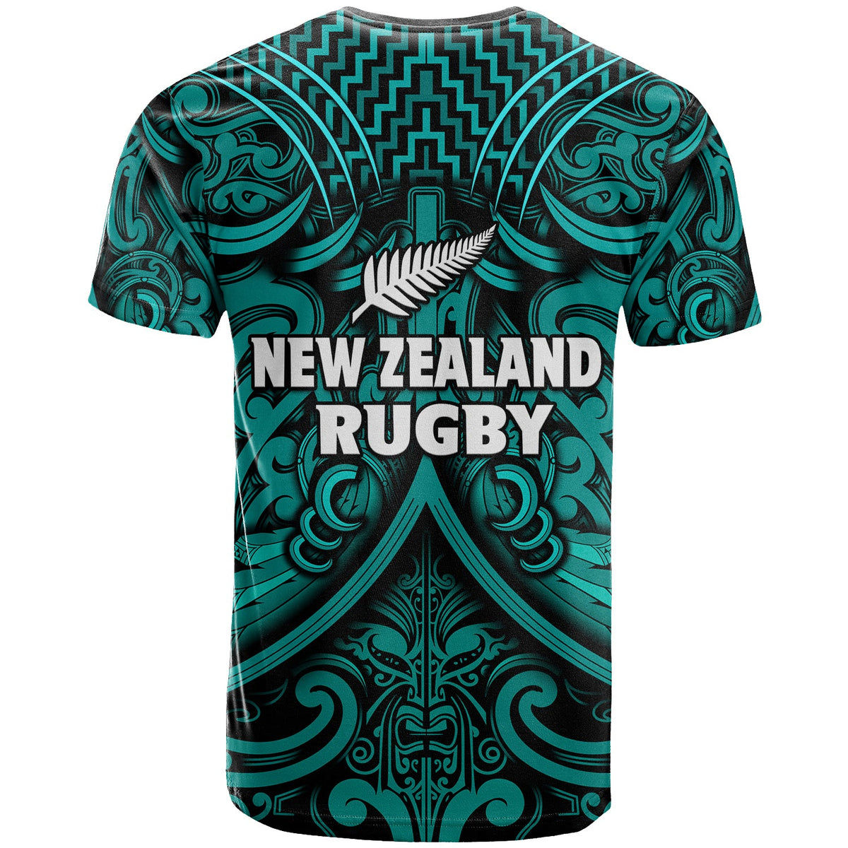 New Zealand Silver Fern Rugby T Shirt All Black Turquoise NZ Maori Pattern LT13 - Polynesian Pride