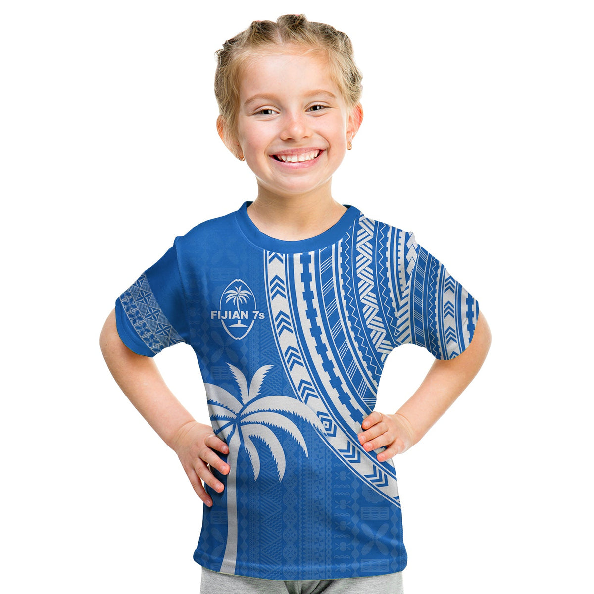 (Custom Text and Number) Fiji Rugby Sevens T Shirt KID Fijian 7s Tapa Polynesian Blue Ver.01 LT13 - Polynesian Pride