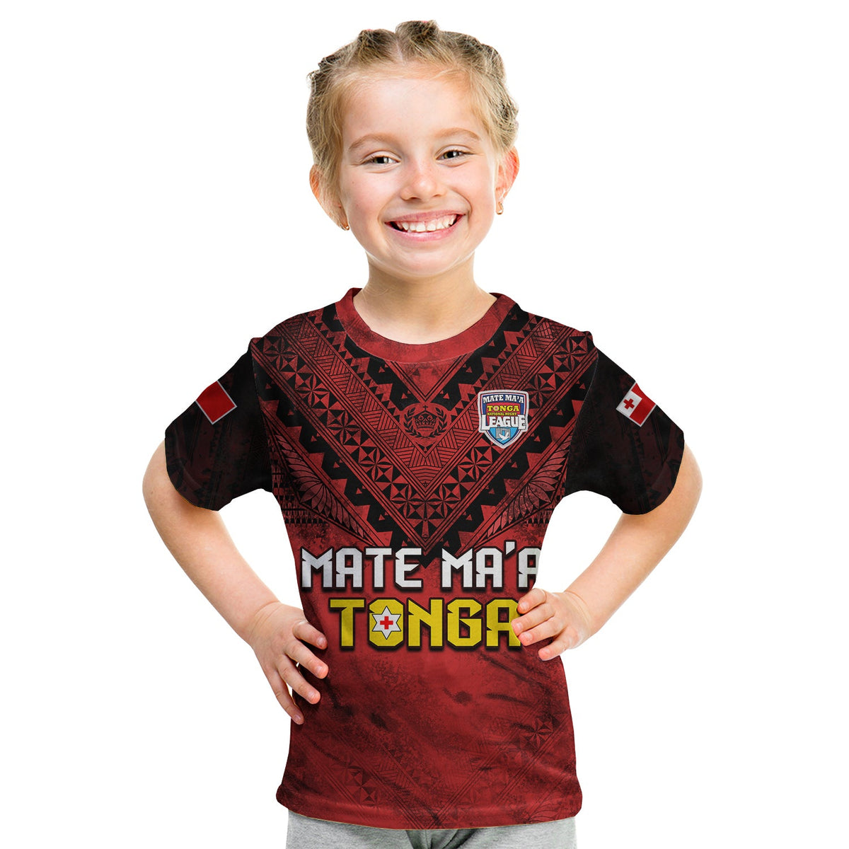 (Custom Text and Number) Tonga Rugby MMT T Shirt KID Ngatu Mate Maa Tonga Grunge LT13 - Polynesian Pride