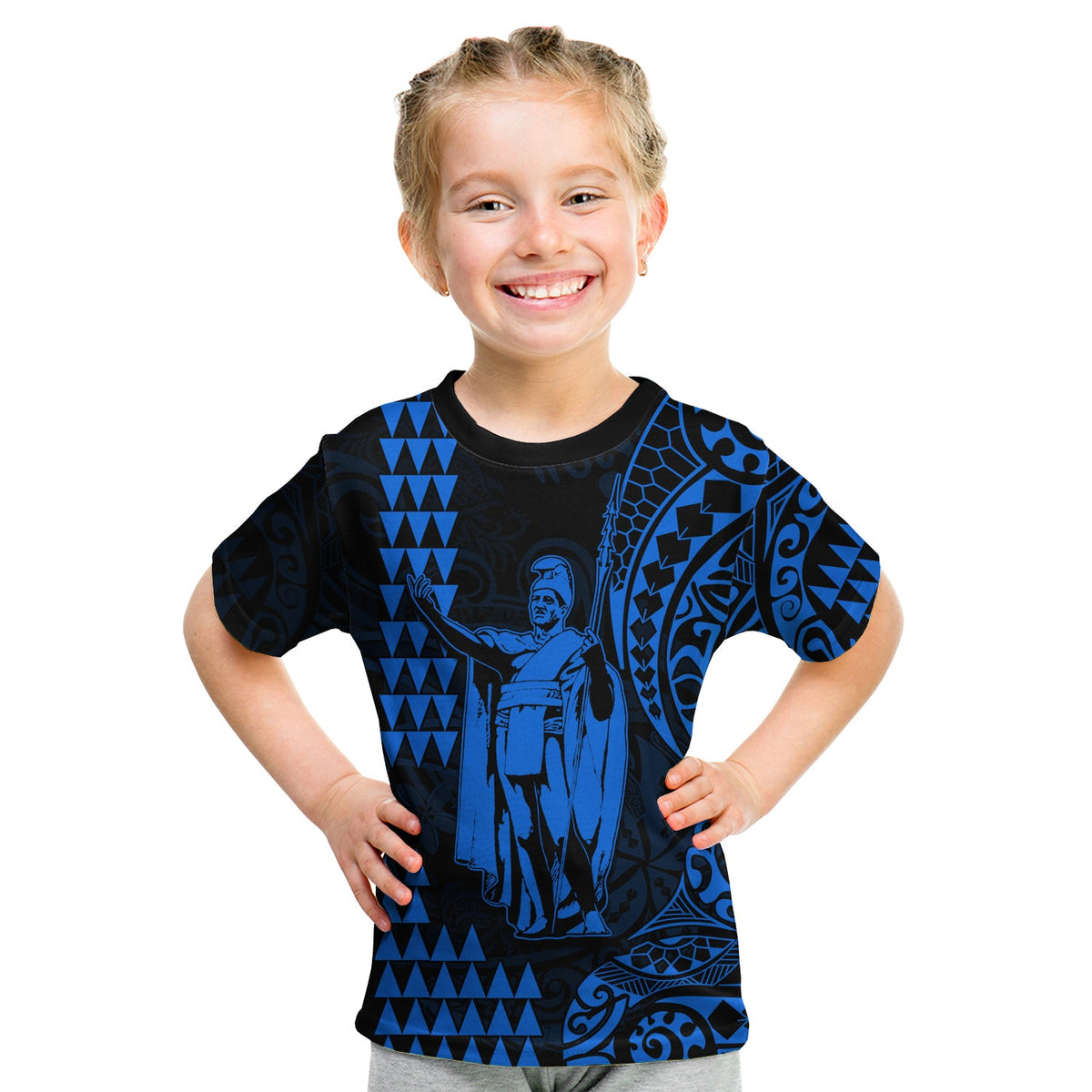 Hawaii Day Kakau T Shirt KID Proud To Be Hawaiian Blue King Kamehameha and Kanaka Maoli LT13 - Polynesian Pride