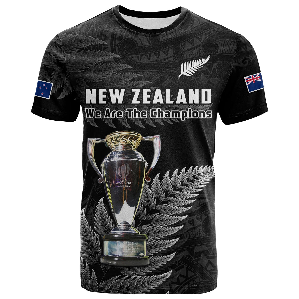 Custom New Zealand 2022 Rugby T Shirt Black Fern Proud Champions RWC LT14 - Polynesian Pride