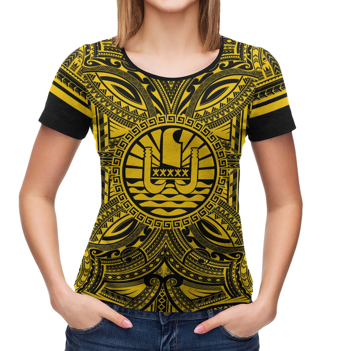Tahiti T Shirt Tahiti Coat of Arms Polynesian Gold Black - Polynesian Pride