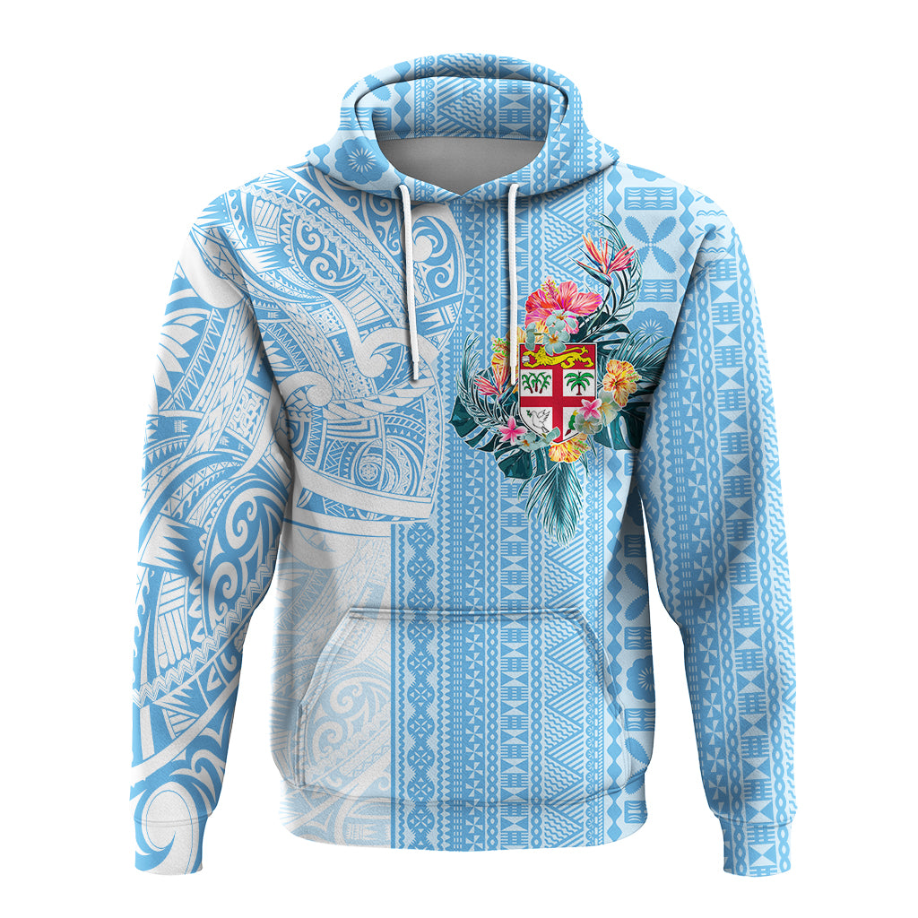 Fiji Tapa Pattern with Hibiscus Hoodie Fiji In My Heart LT7 Cerulean - Polynesian Pride