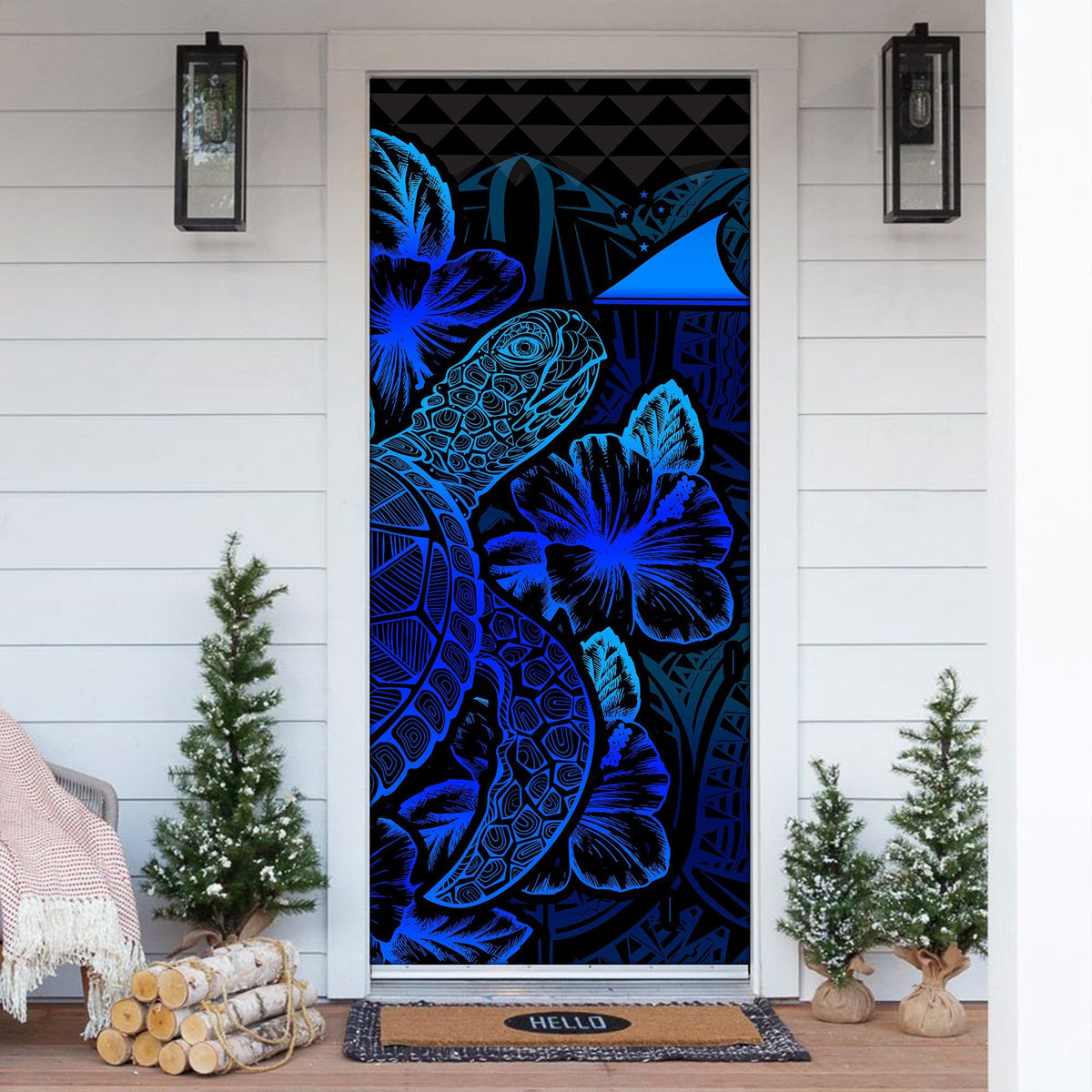 Tokelau Door Cover Turtle Hibiscus Blue - Polynesian Pride