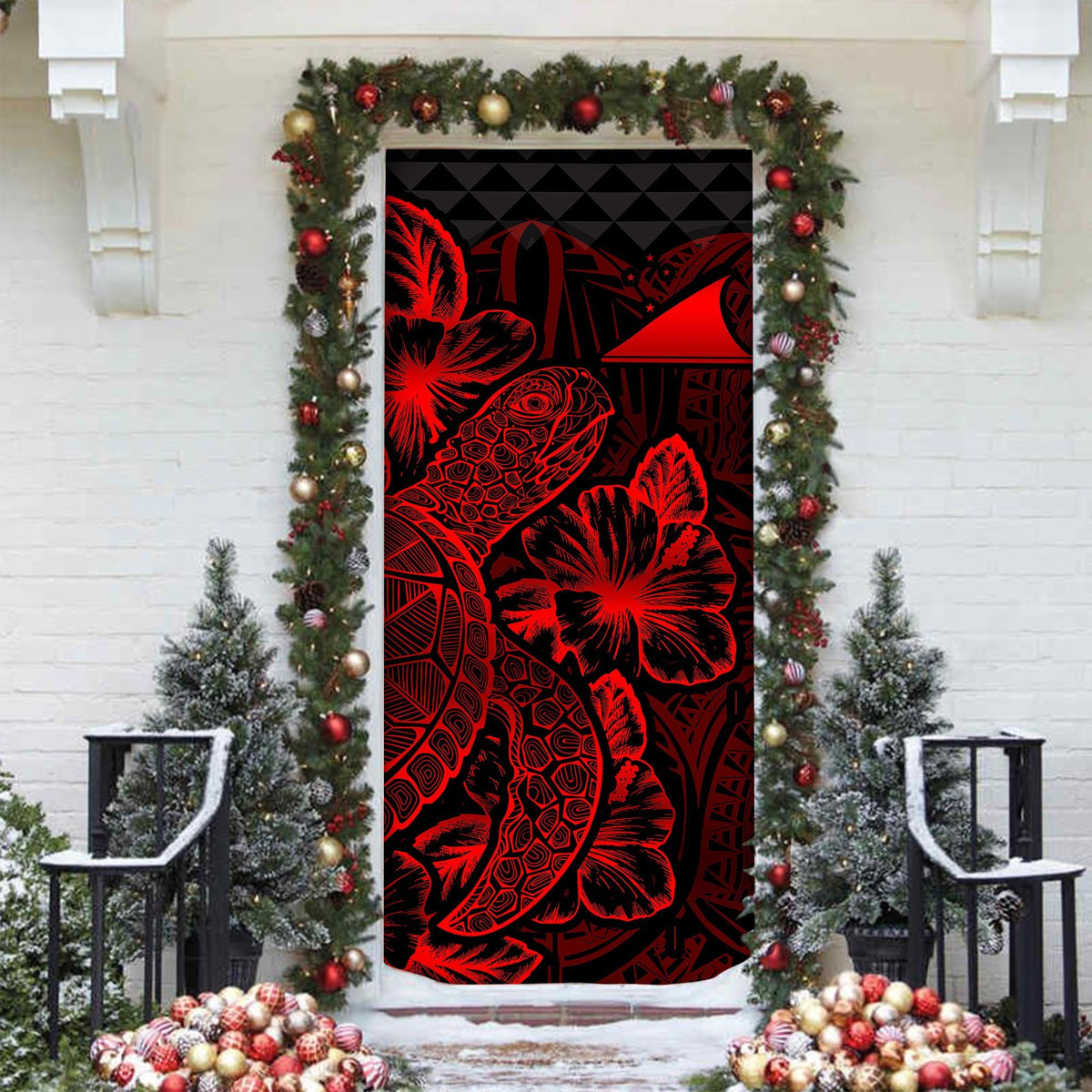 Tokelau Door Cover Turtle Hibiscus Red - Polynesian Pride