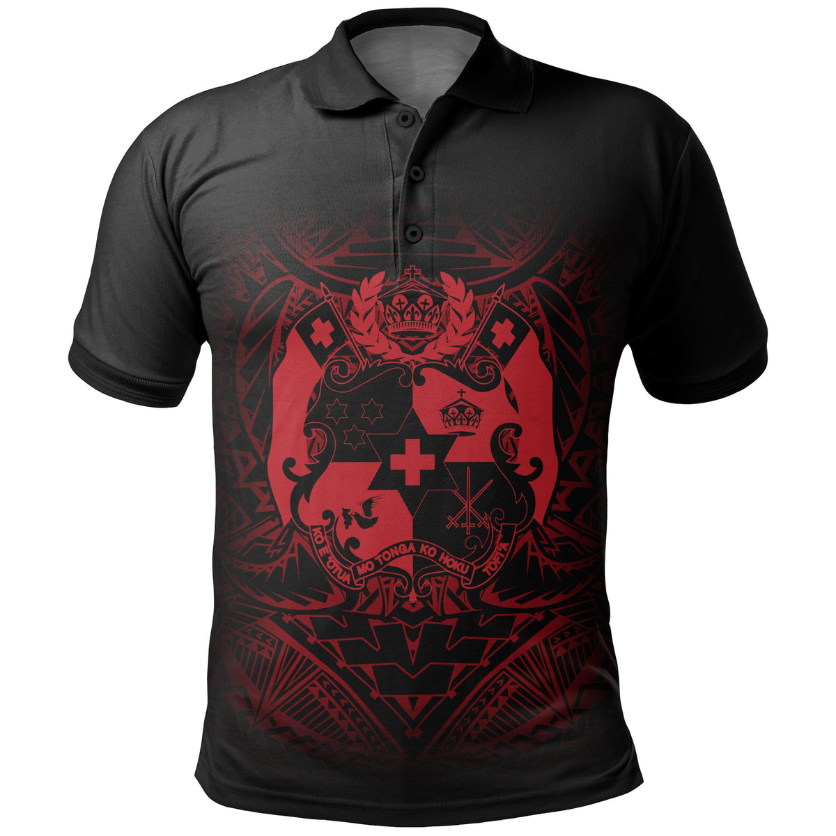 Tonga All Over Polo Shirt Tonga Coat Of Arms Red Tribal Pattern Unisex Black - Red - Polynesian Pride