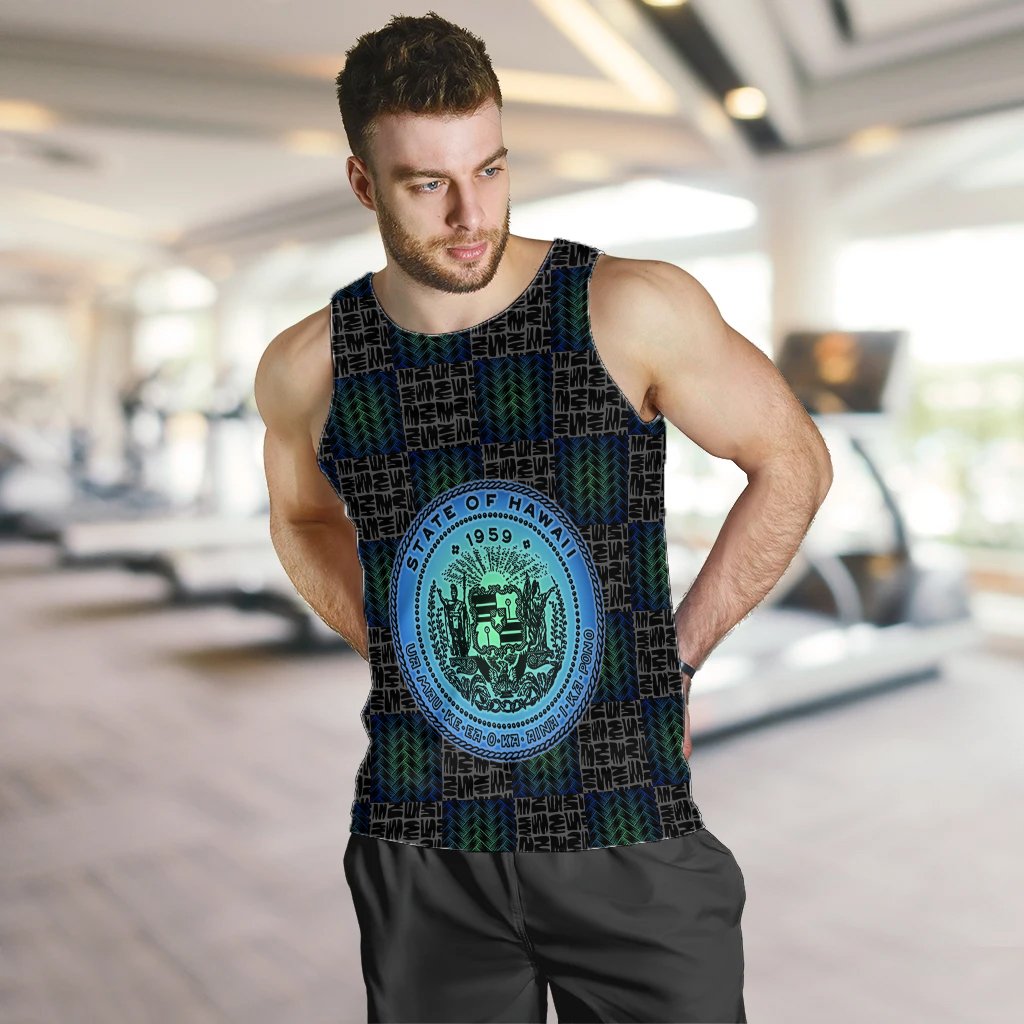Hawaiian Hawaii Coat Of Arms Inside Men's Tank Top Blue - Glow Style - AH - Polynesian Pride