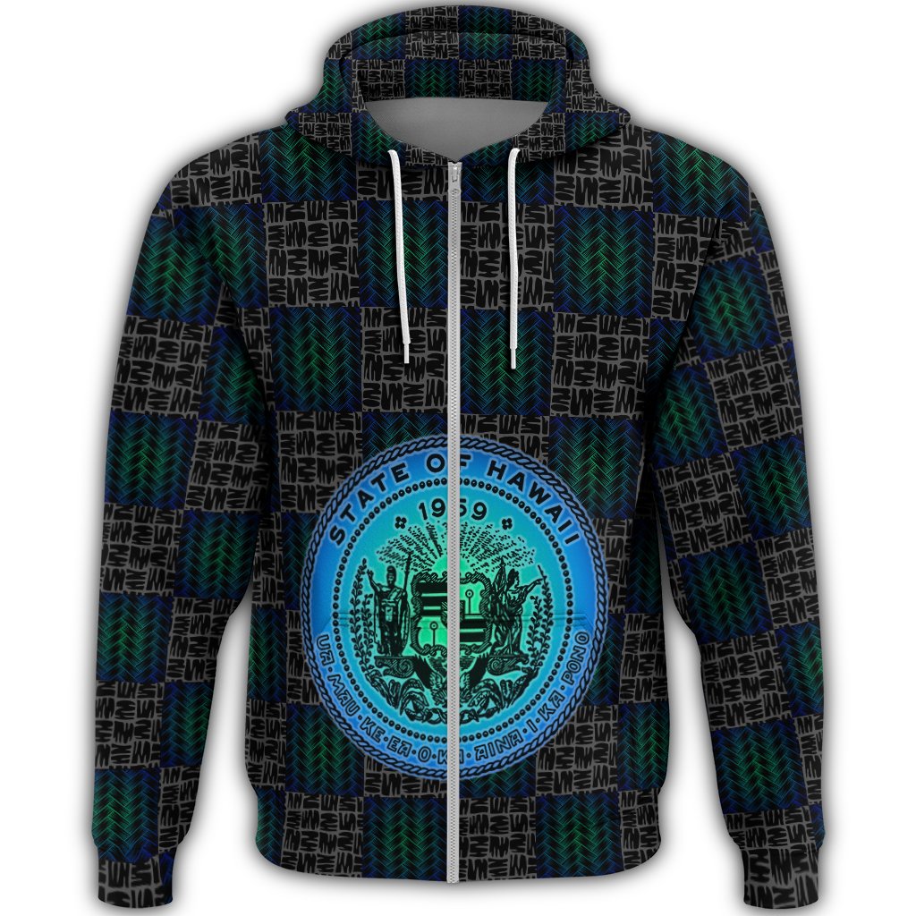 Hawaiian Hawaii Coat of Arms Inside Zipper Hoodie Blue Glow Style - Polynesian Pride