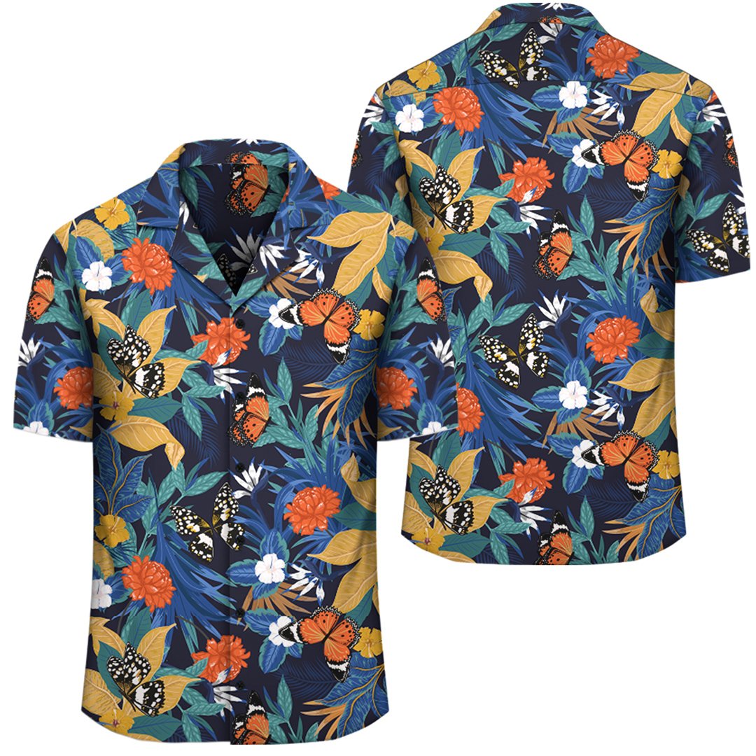 Tropical Buttterfly And Flower Hawaiian Shirt Unisex Black - Polynesian Pride