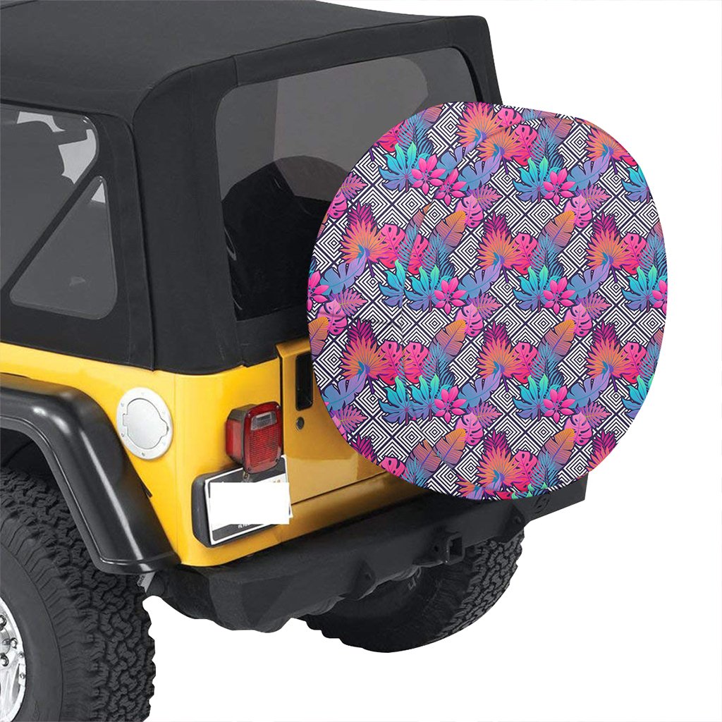 Tropical Exotic Leaves And Flowers On Geometrical Ornament. Hawaii Spare Tire Cover - Polynesian Pride