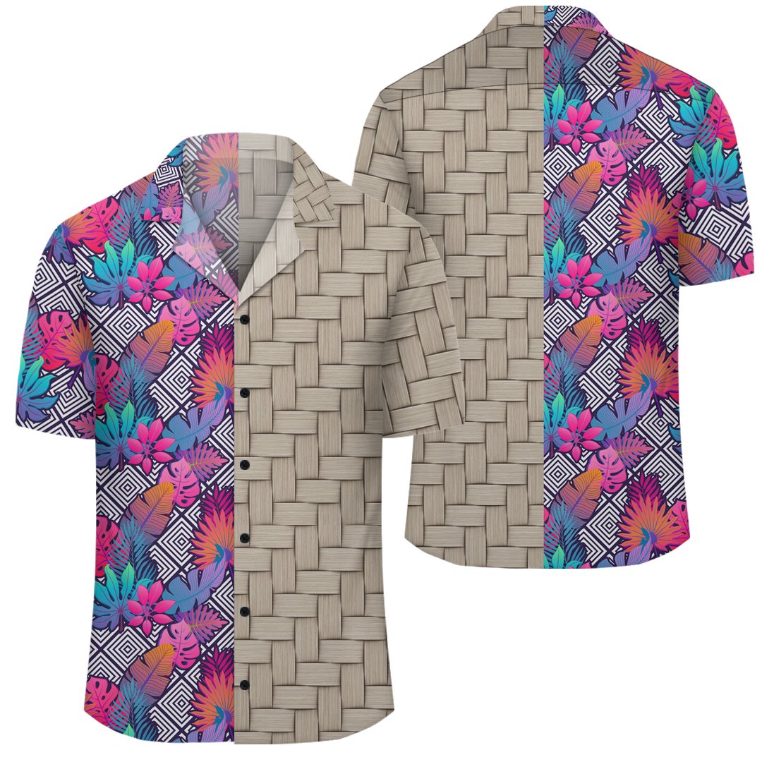 Tropical Exotic Leaves And Flowers On Geometrical Ornament Lauhala Moiety Hawaiian Shirt Unisex Art - Polynesian Pride