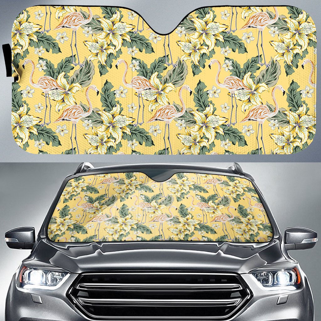 Tropical Flamingo Yellow Hawaii Car Sun Shade Auto Sun Shade Universal Fit Yellow - Polynesian Pride