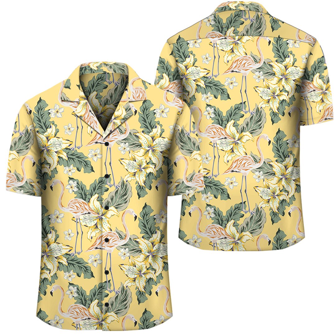 Tropical Flamingo Yellow Hawaiian Shirt Unisex Black - Polynesian Pride