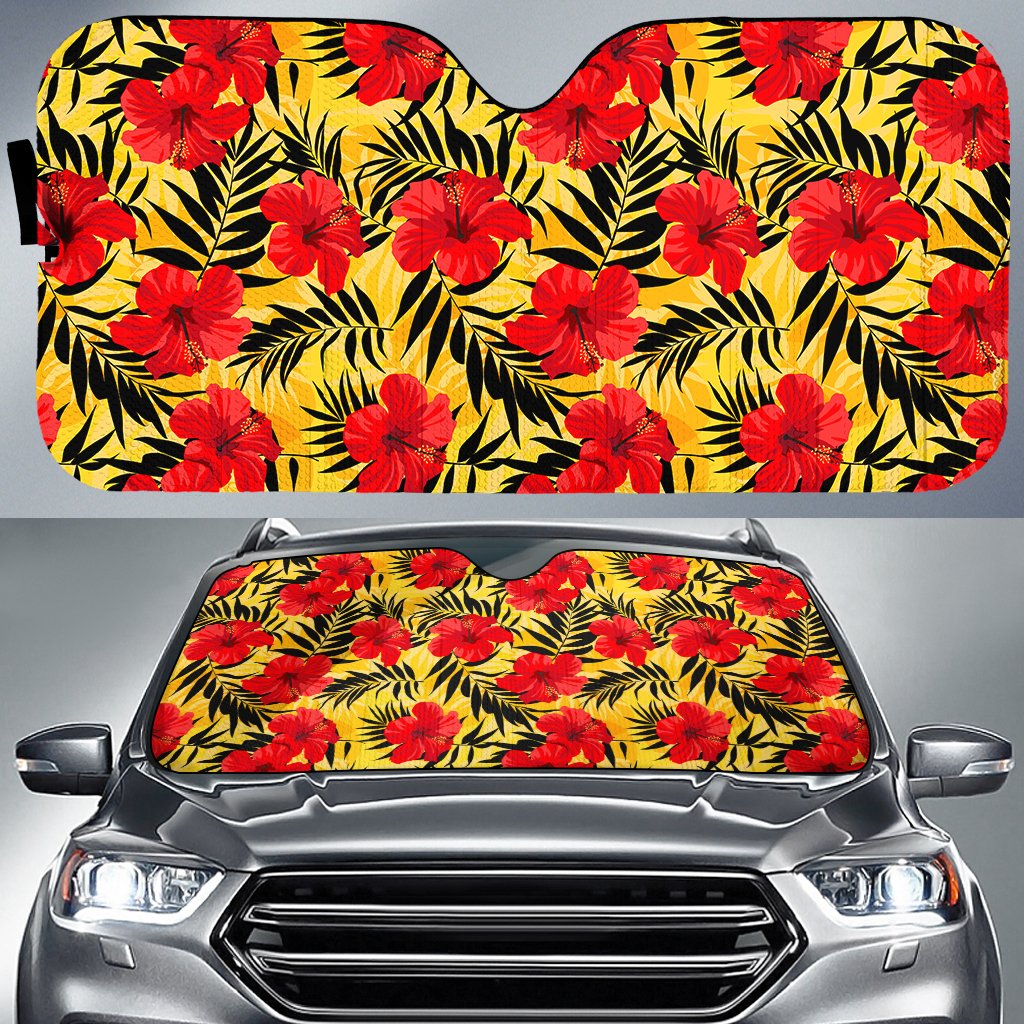 Tropical Flowers And Palm Leaves Hawaii Car Sun Shade Auto Sun Shade Universal Fit White - Polynesian Pride