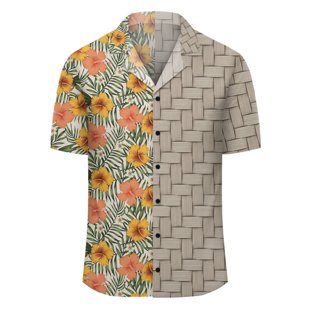 Tropical Flowers Hibiscus Pink Yellow Lauhala Moiety Hawaiian Shirt - Polynesian Pride