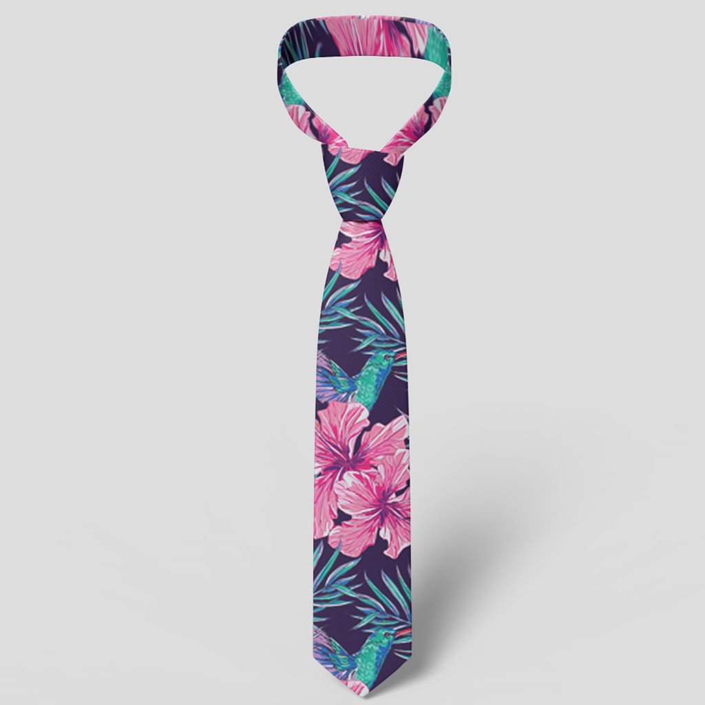 Tropical Flowers With Hummingbirds Palm Leaves Necktie - Polynesian Pride