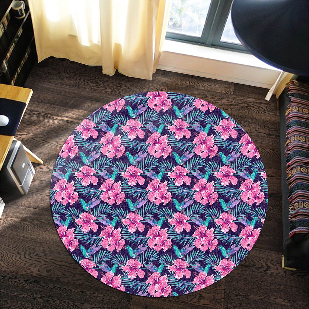 Tropical Flowers With Hummingbirds Palm Leaves Round Carpet - AH - Polynesian Pride