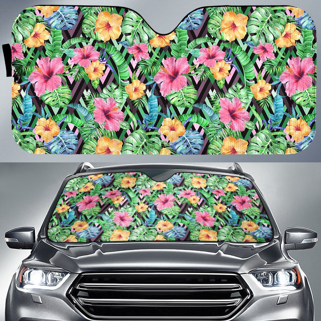 Tropical Hibiscus Banana Leafs Hawaii Car Sun Shade Auto Sun Shade Universal Fit White - Polynesian Pride