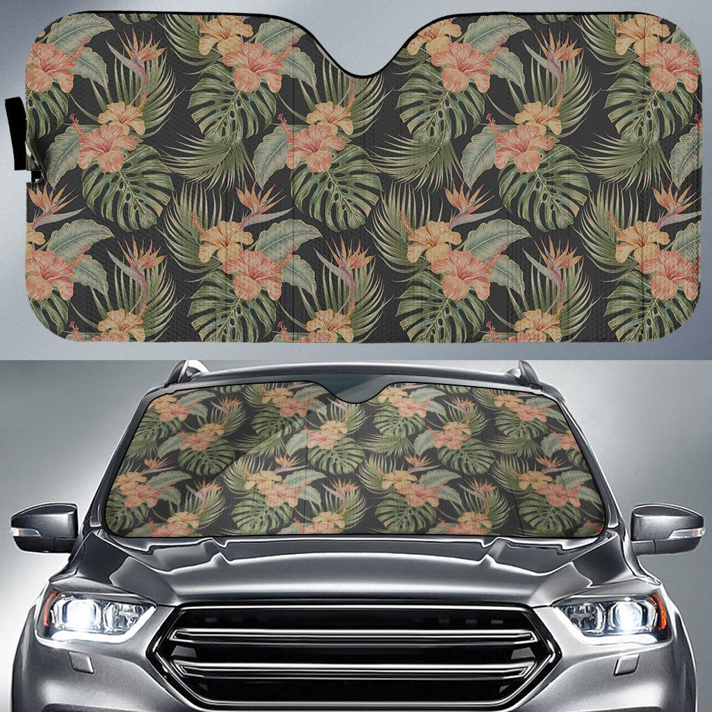 Tropical Hibiscus Monstera Leaf Hawaii Car Sun Shade Auto Sun Shade Universal Fit White - Polynesian Pride