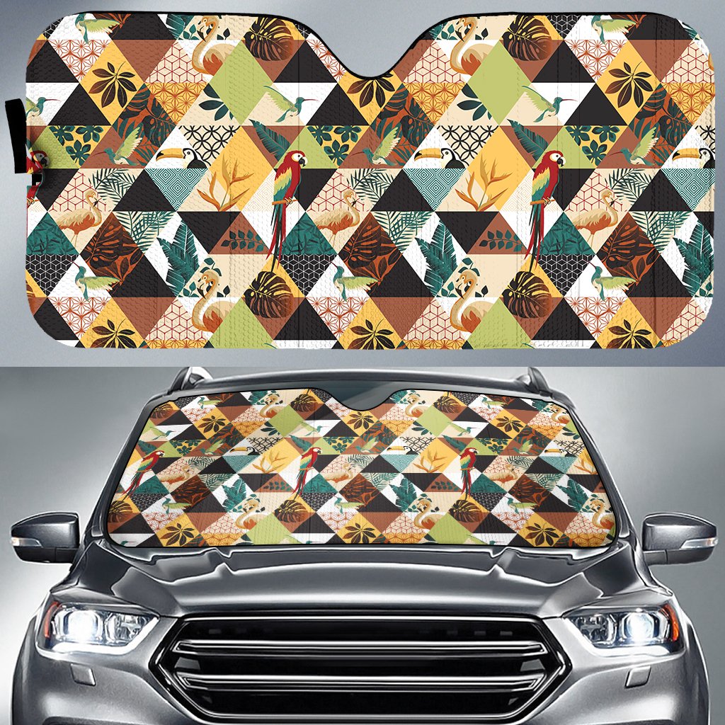 Tropical Jungle Parrots And Flamingos Pattern Hawaii Car Sun Shade Auto Sun Shade Universal Fit White - Polynesian Pride