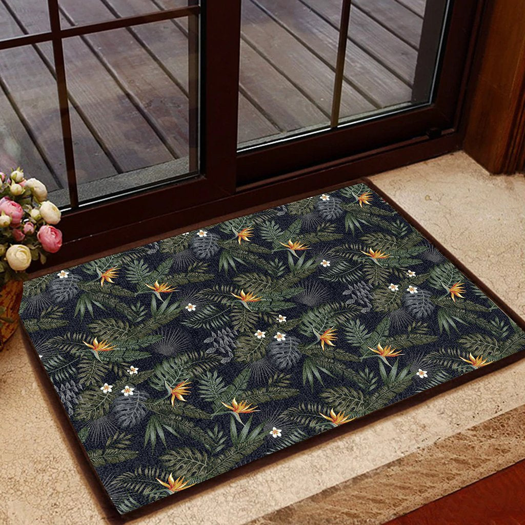 Tropical Leaves And Flowers In The Night Style Hawaii Door Mat Door Mat Black - Polynesian Pride