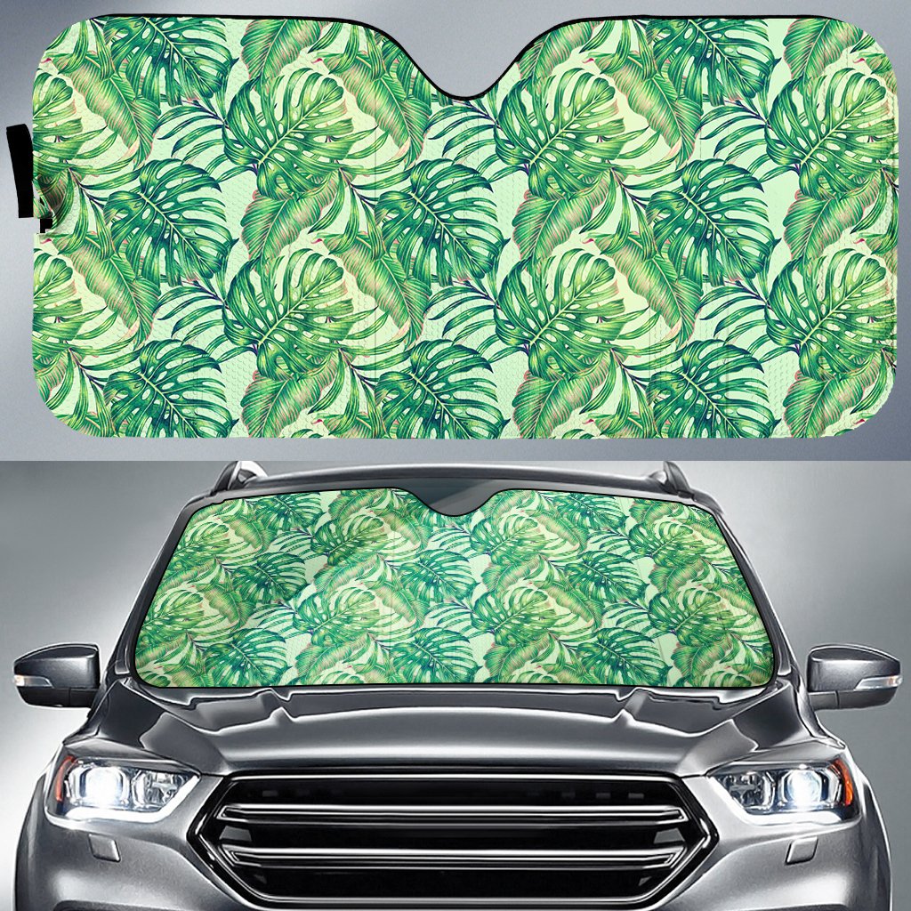 Tropical Leaves Jungle Monstera Leaf Hawaii Car Sun Shade Auto Sun Shade Universal Fit White - Polynesian Pride