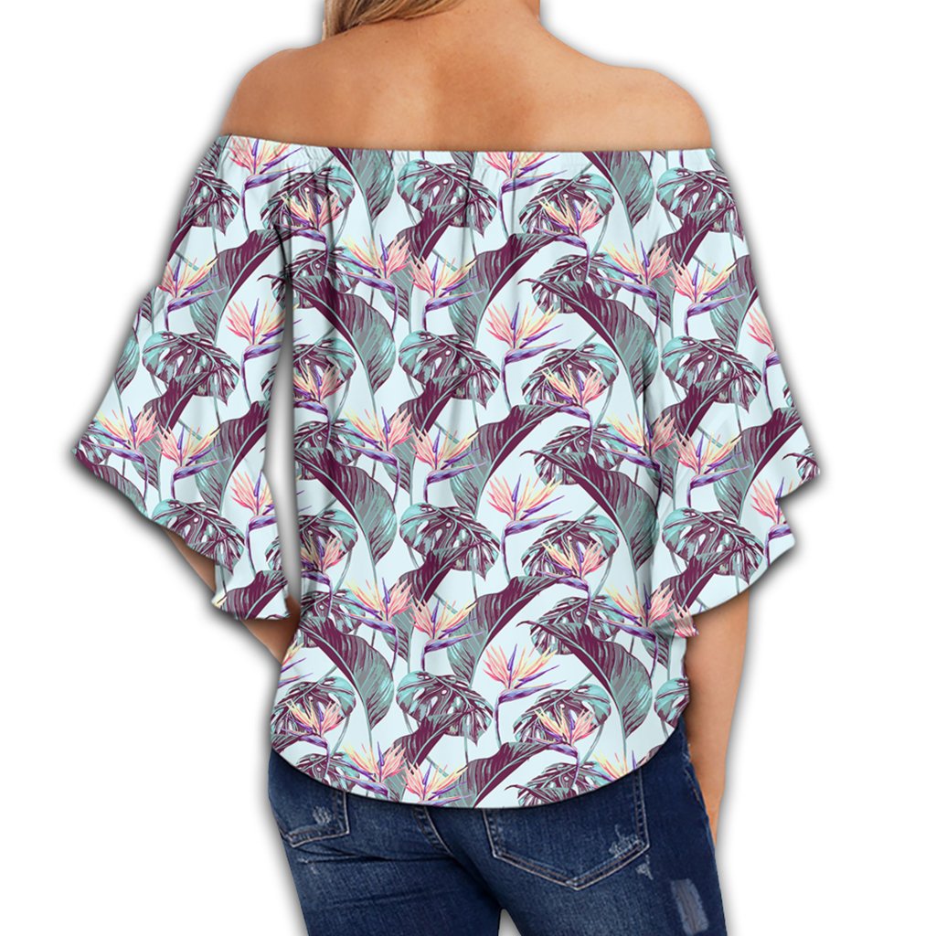 Tropical Monstera Leaf Women's Off Shoulder Wrap Waist Top - AH - Polynesian Pride