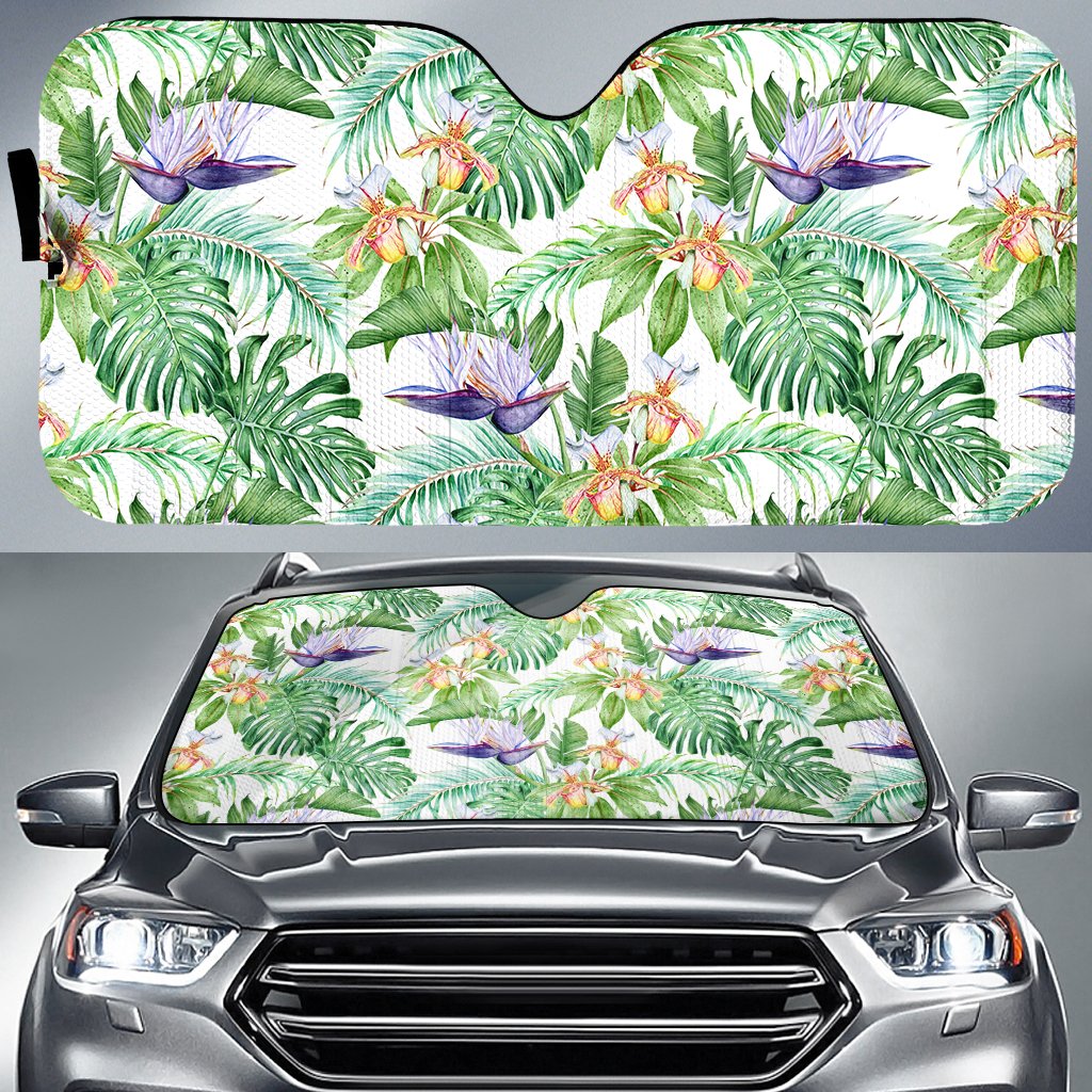 Tropical Orange Orchids Strelitzia Monstera Hawaii Car Sun Shade Auto Sun Shade Universal Fit White - Polynesian Pride
