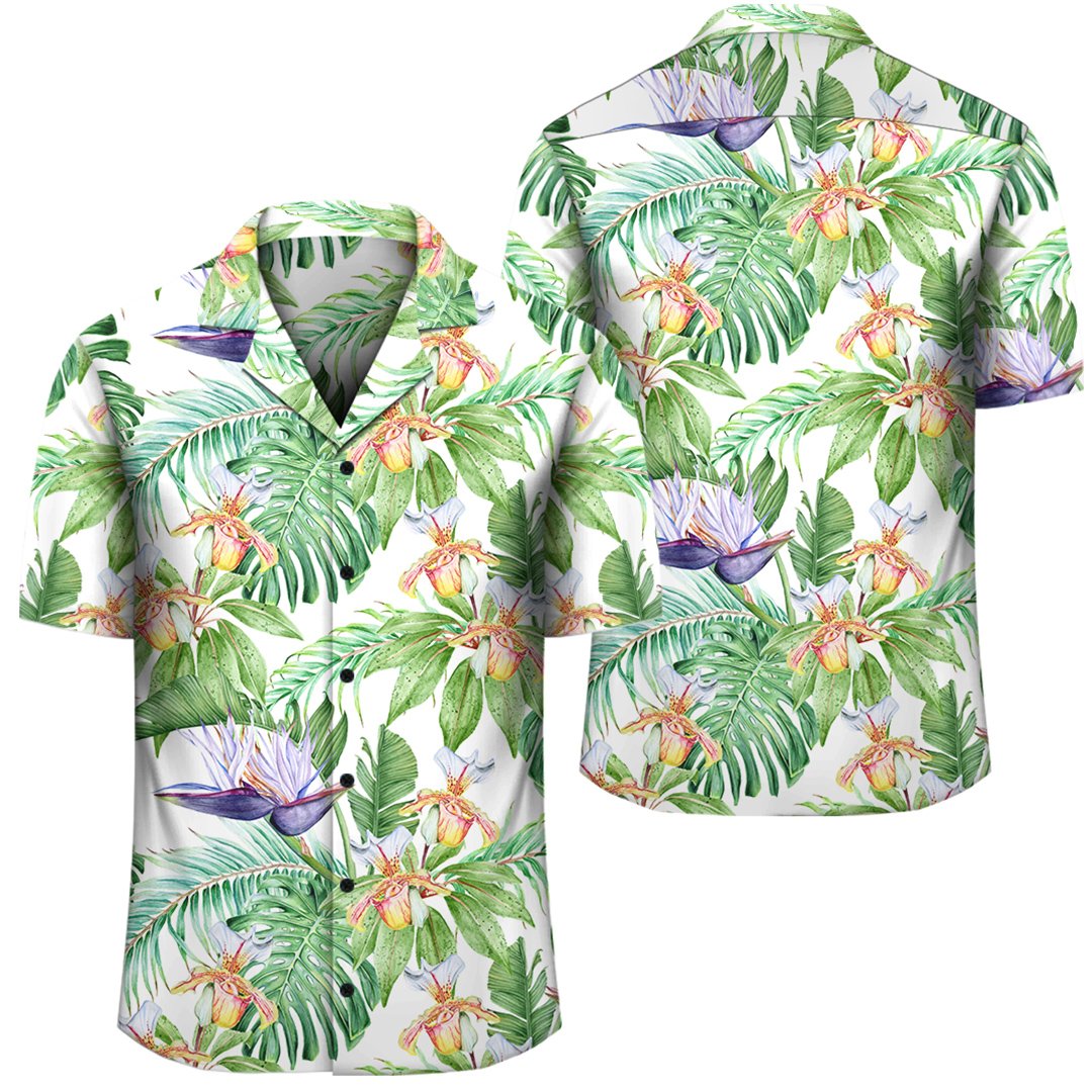 Tropical Orange Orchids Strelitzia Monstera Hawaiian Shirt Unisex Black - Polynesian Pride