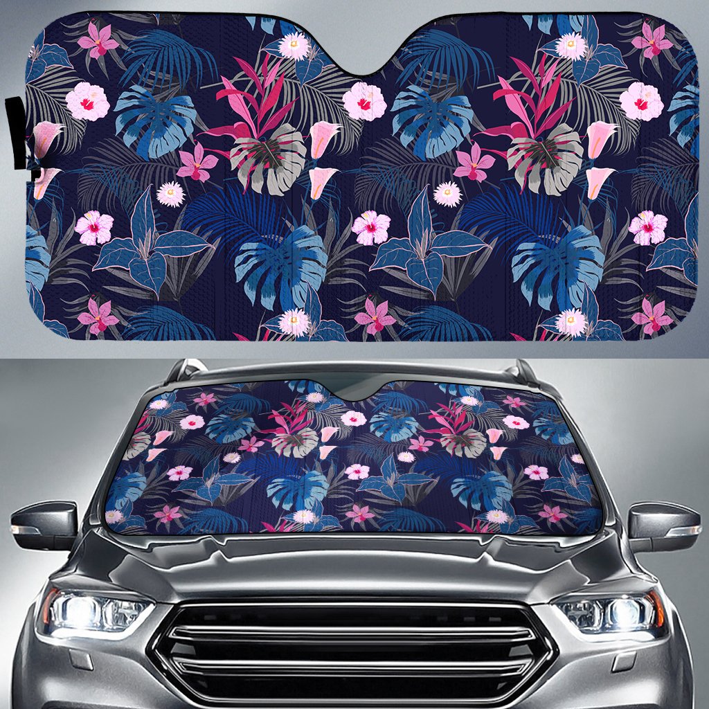 Tropical Palm Tree And Flower Hawaii Car Sun Shade Auto Sun Shade Universal Fit White - Polynesian Pride