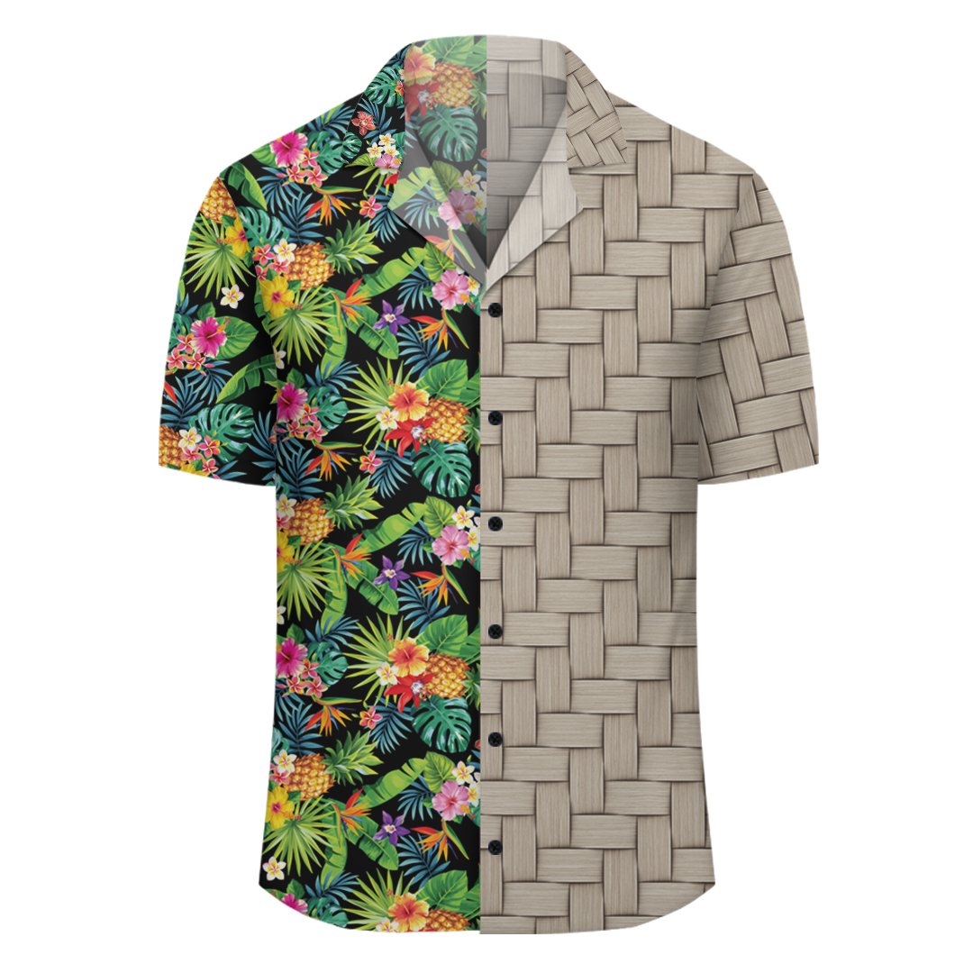 Tropical Pattern With Pineapples Palm Leaves And Flowers Lauhala Moiety Hawaiian Shirt - Polynesian Pride