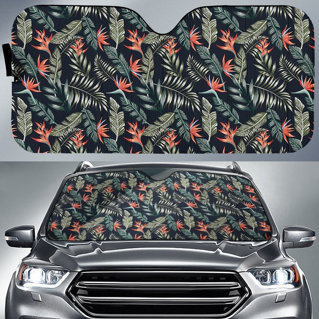 Tropical Strelitzia Black Hawaii Car Sun Shade Auto Sun Shade Universal Fit White - Polynesian Pride