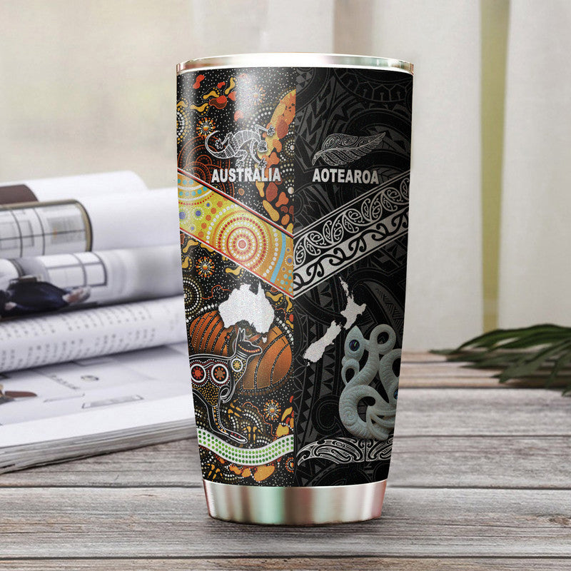 New Zealand Maori Aotearoa And Australia Aboriginal Tumbler Together - Black LT8 Black - Polynesian Pride