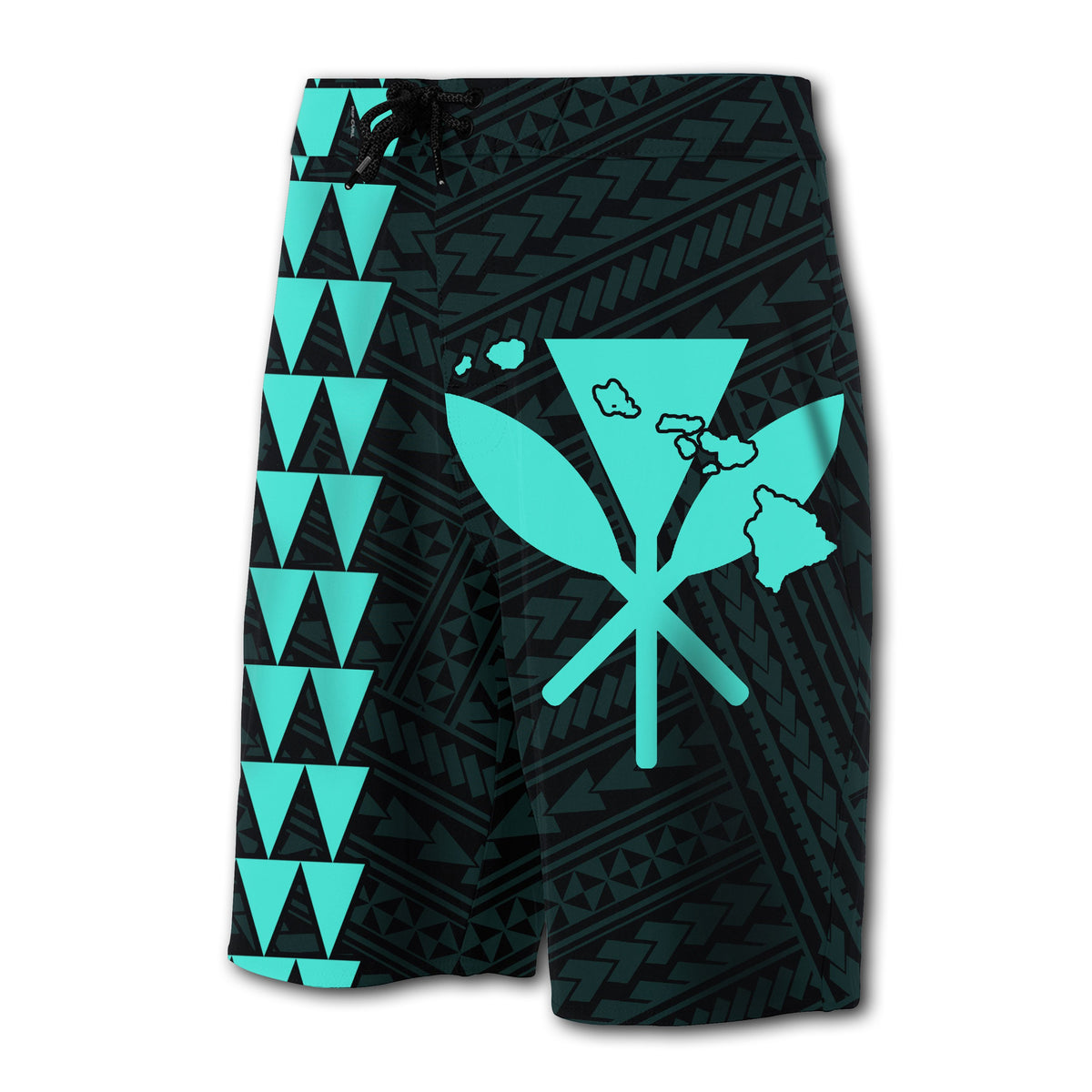 Hawaii Kakau Polynesian Kanaka Map Board Shorts - Turquoise - Polynesian Pride