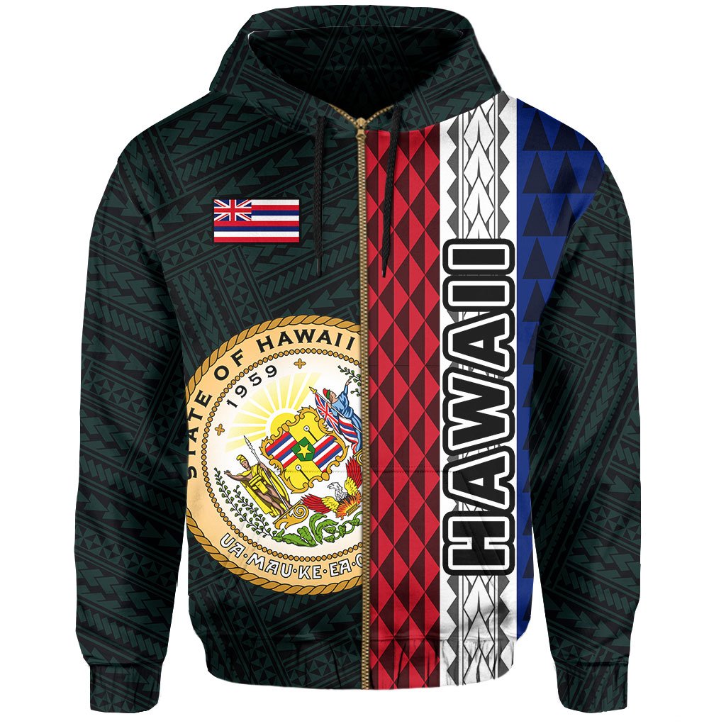 Polynesian Kakau Hawaii Flag Seal of Hawaii Zip Hoodie Turquoise - Polynesian Pride