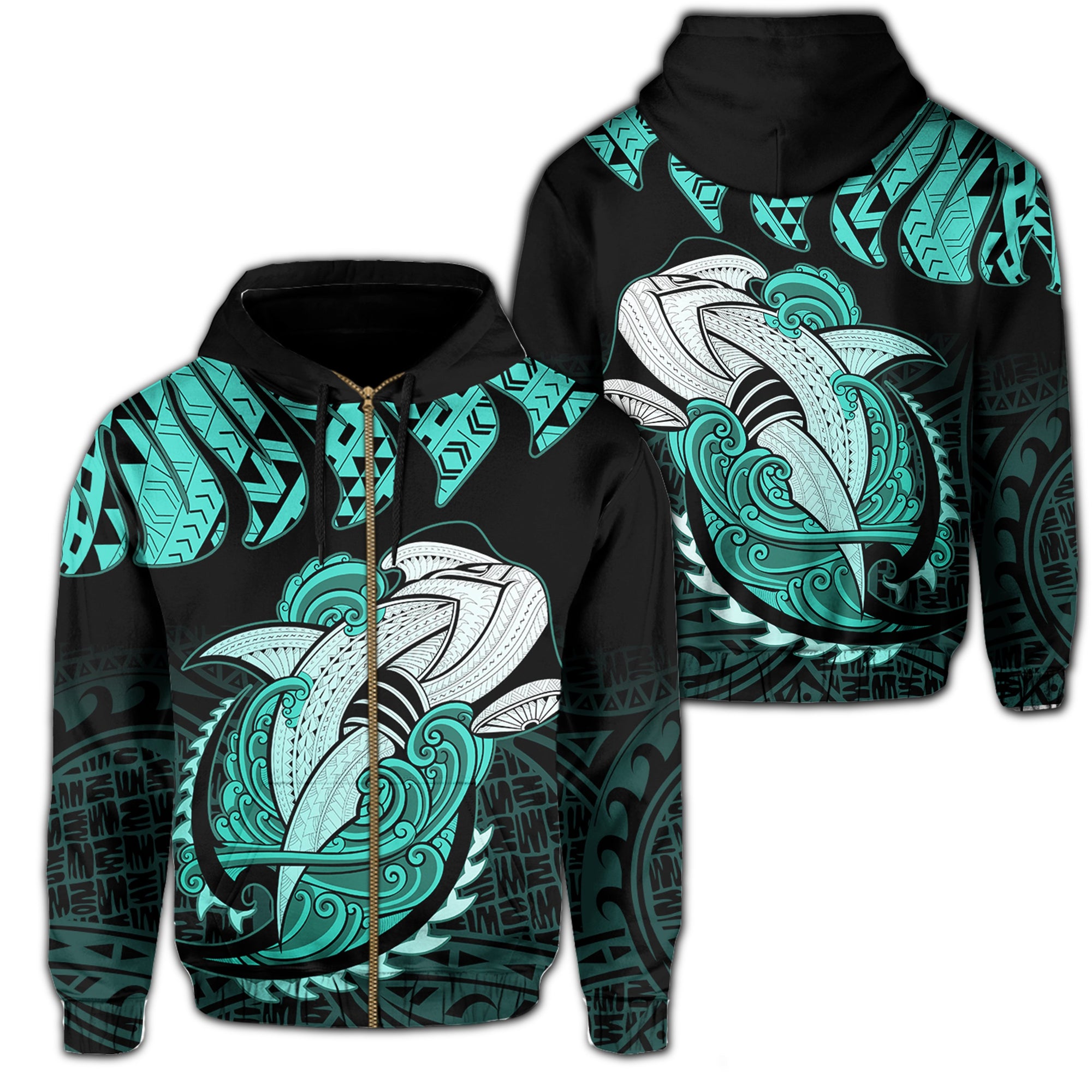 Hawaii Polynesian Aumakua Hammerhead Shark Hoodie Zip Cloud Style Turquoise Unisex Turquoise - Polynesian Pride