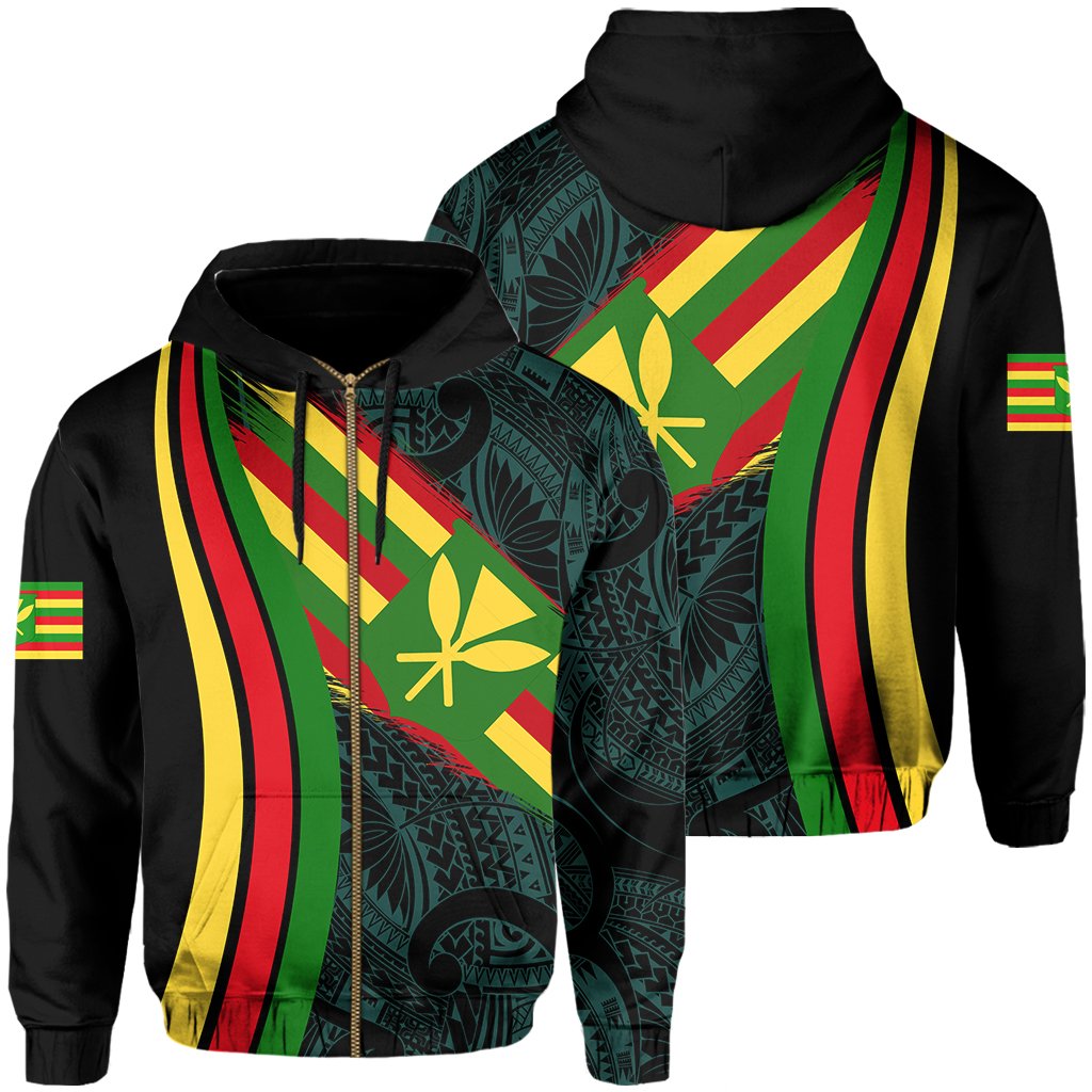 Hawaii Polynesian Kanaka Flag Hoodie Zip Turquoise Ten Style Unisex Beige - Polynesian Pride