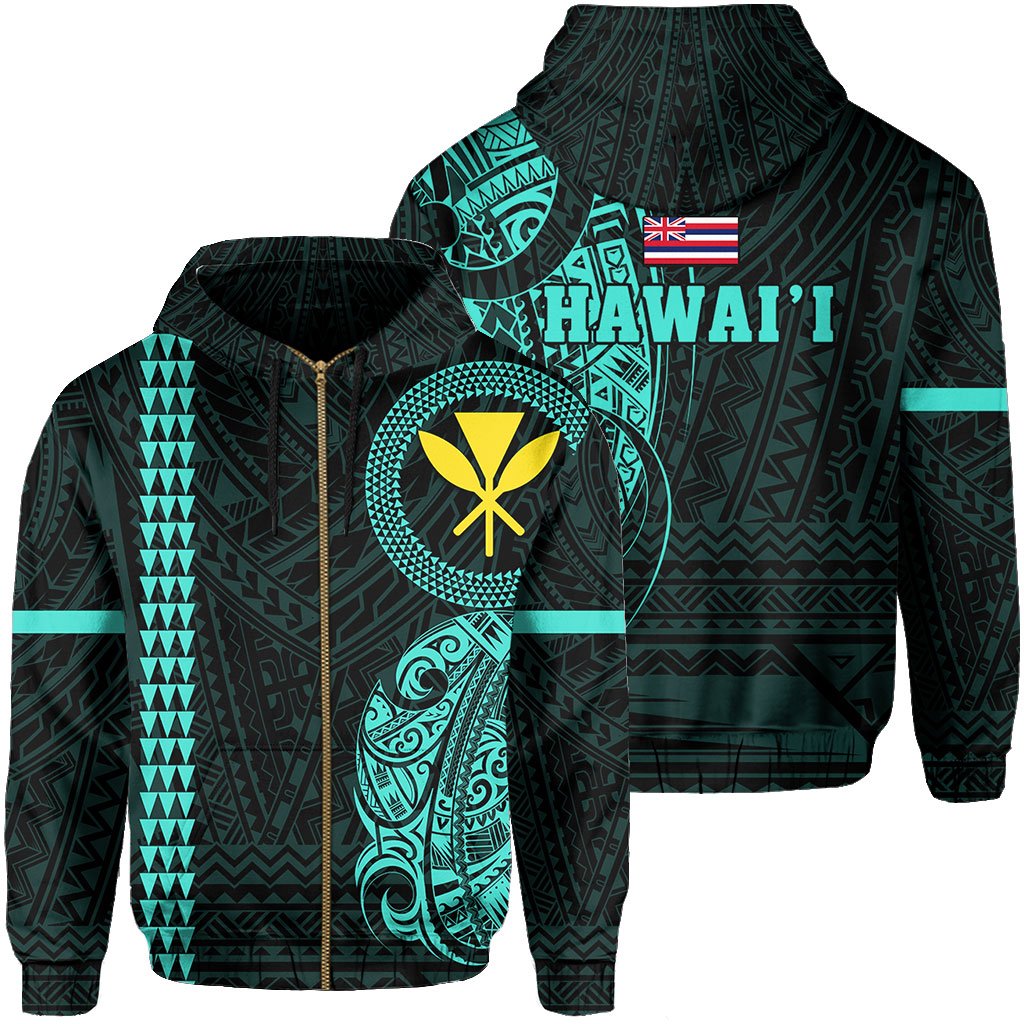 Polynesian Kakau Kanaka Flag of Hawaii Zip Hoodie Turquoise Unisex Turquoise - Polynesian Pride