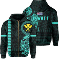 Polynesian Kakau Kanaka Flag of Hawaii Zip Hoodie Turquoise Unisex Turquoise - Polynesian Pride