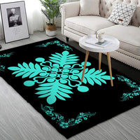 Hawaiian Quilt Maui Plant And Hibiscus Pattern Area Rug - Turquoise Black - AH - Polynesian Pride