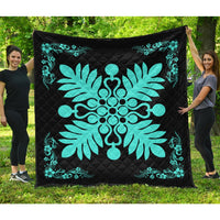 Hawaiian Quilt Maui Plant And Hibiscus Premium Quilt - Turquoise Black - AH Turquoise - Polynesian Pride