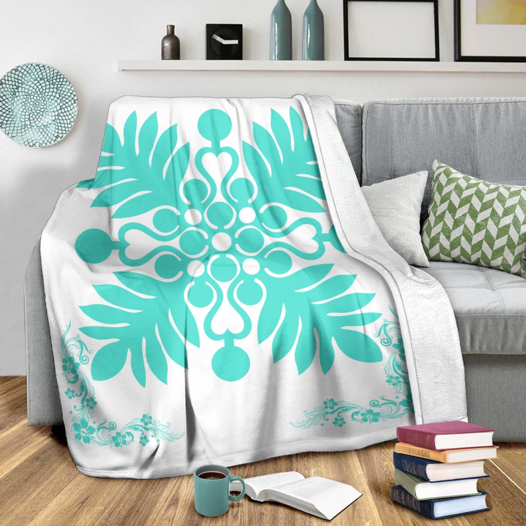 Hawaiian Quilt Maui Plant And Hibiscus Premium Blanket - Turquoise White - AH - Polynesian Pride