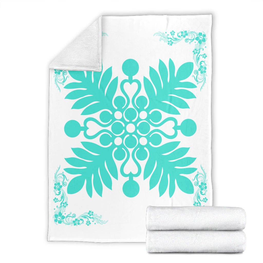 Hawaiian Quilt Maui Plant And Hibiscus Premium Blanket - Turquoise White - AH - Polynesian Pride