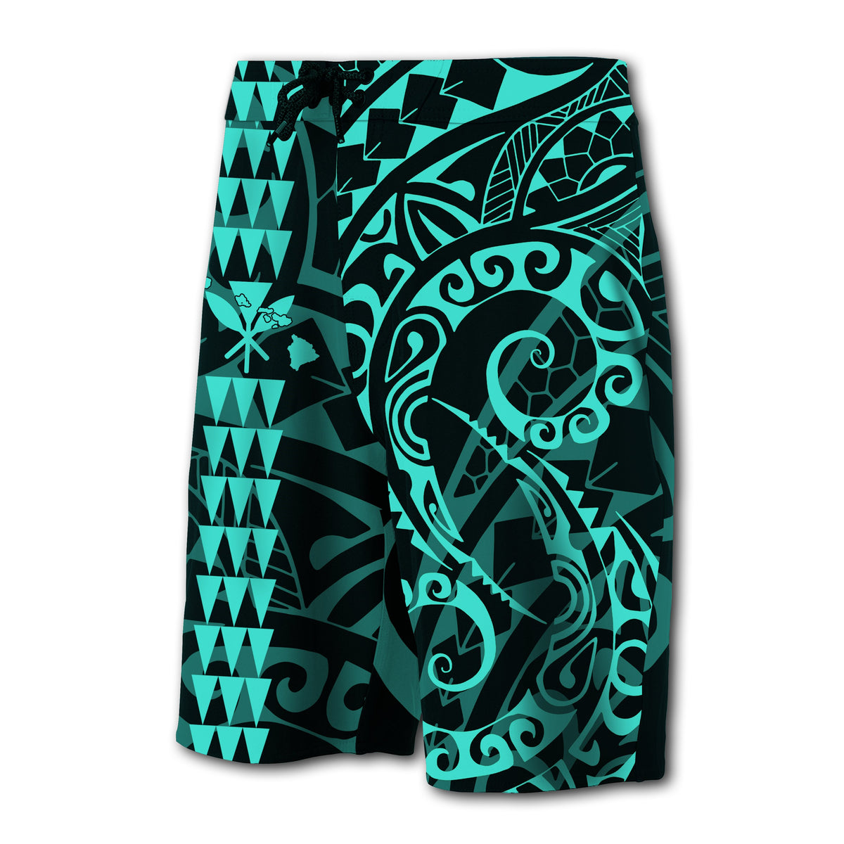 Hawaii Kakau Polynesian Kanaka Board Shorts - Turquoisse - Snapy Style - Polynesian Pride