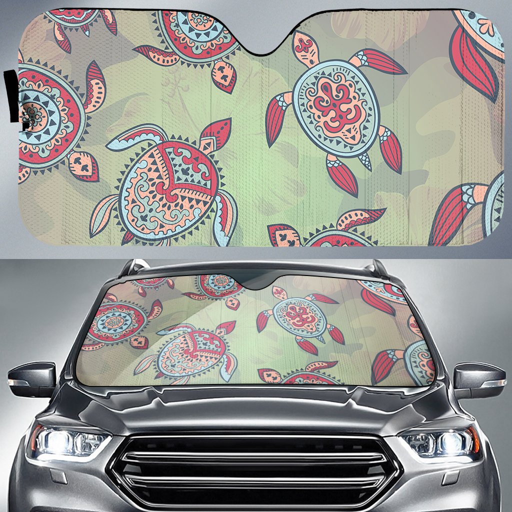 Turtle Colorful Hibiscus Backgorund Car Sun Shade AH Auto Sun Shade Universal Fit White - Polynesian Pride