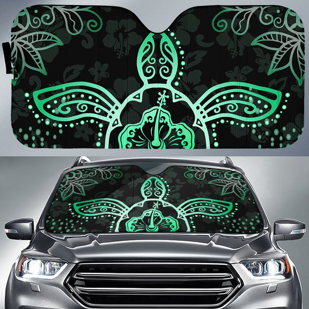Turtle Hibiscus Green Car Sun Shade AH Auto Sun Shade Universal Fit White - Polynesian Pride