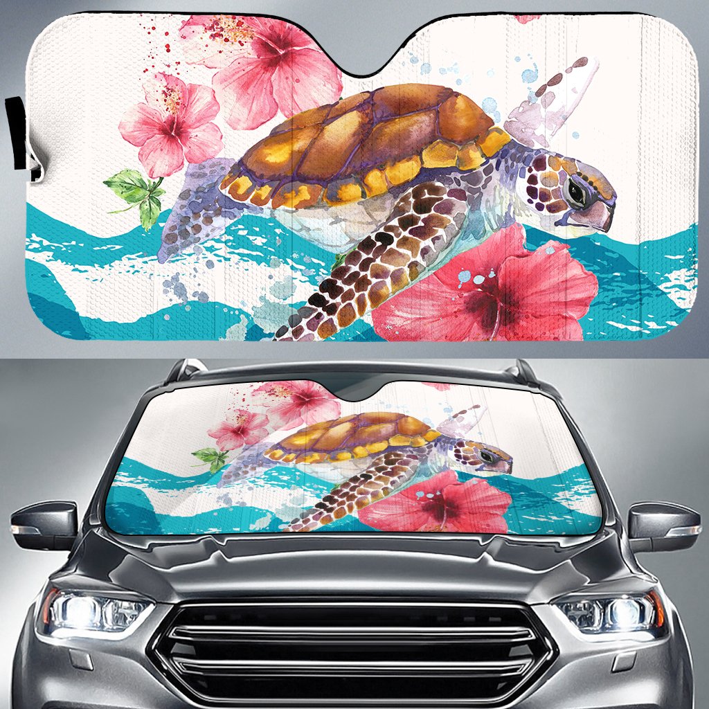 Turtle Hibiscus On Wale Car Sun Shade A0 AH Auto Sun Shade Universal Fit White - Polynesian Pride
